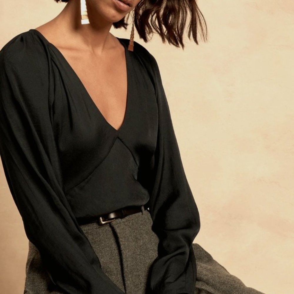 Beautiful Black Deep V Bias Blouse - Size M